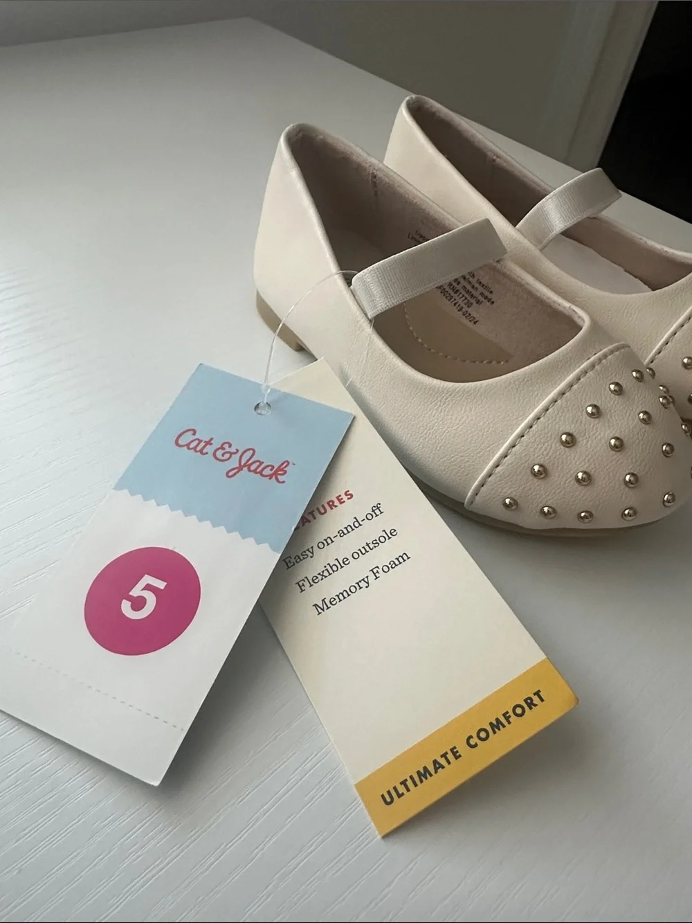 Girls Cream Mary Jane Flats with Gold Studs